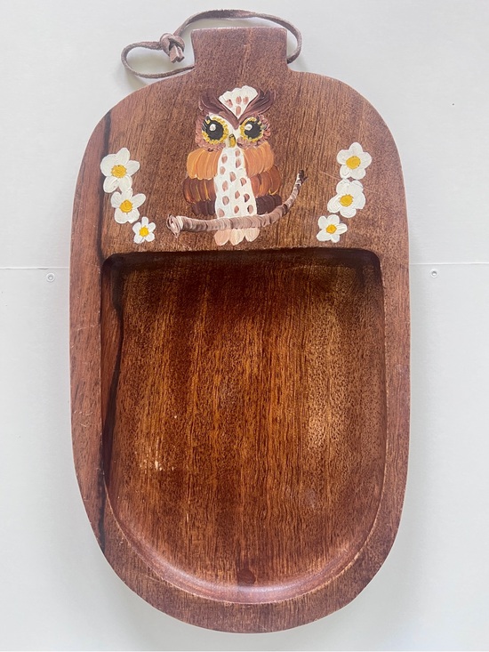 Other - Vintage 70s Hand-Painted Owl Wood Hanging Platter Cheese Tray MCM Wall Art